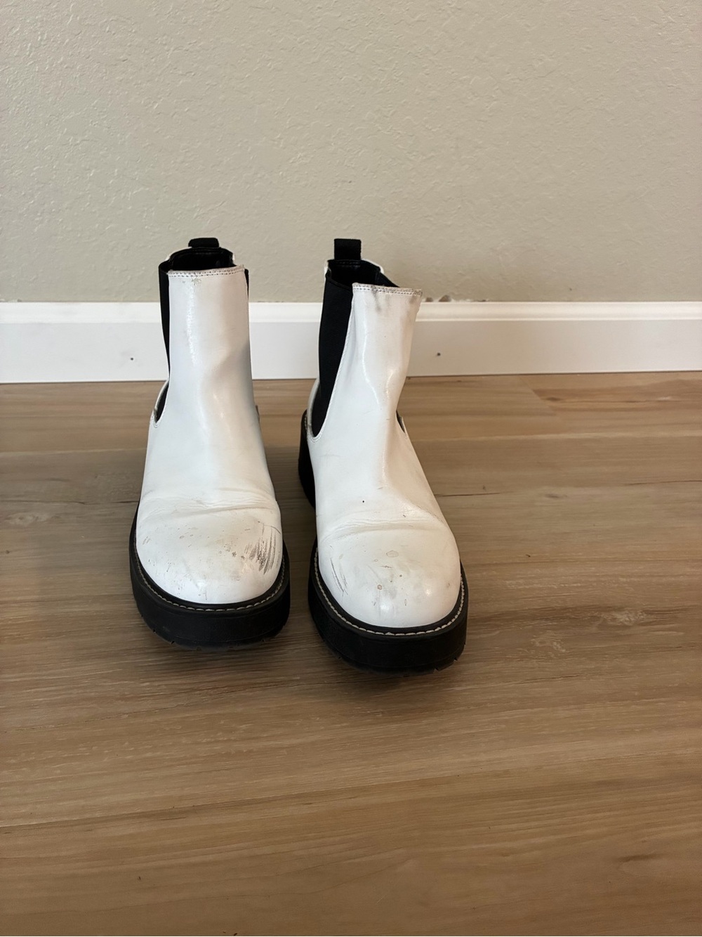 Madden Girl White Chelsea Platform Booties with Black Sole
